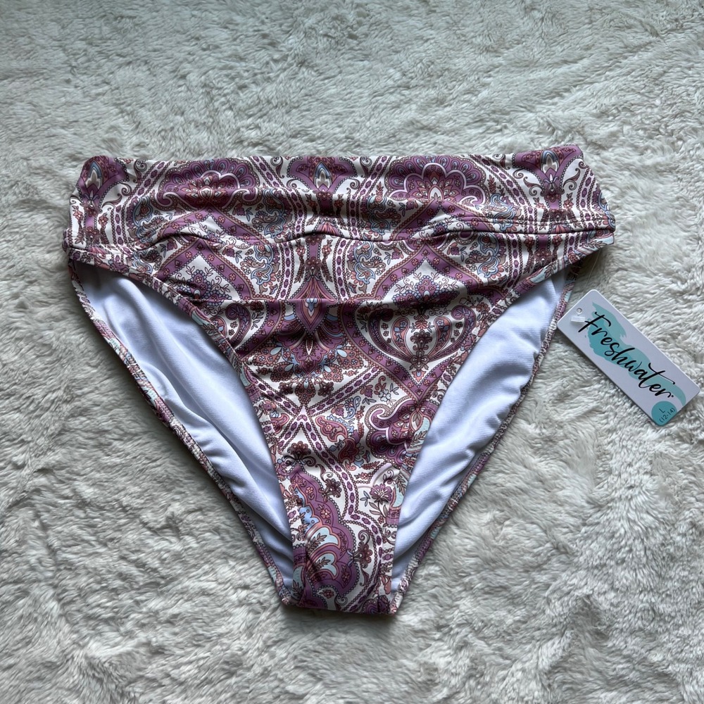Freshwater Womens Banded High‎ Leg Bikini Bottom Purple Paisley FA22S020RP Large